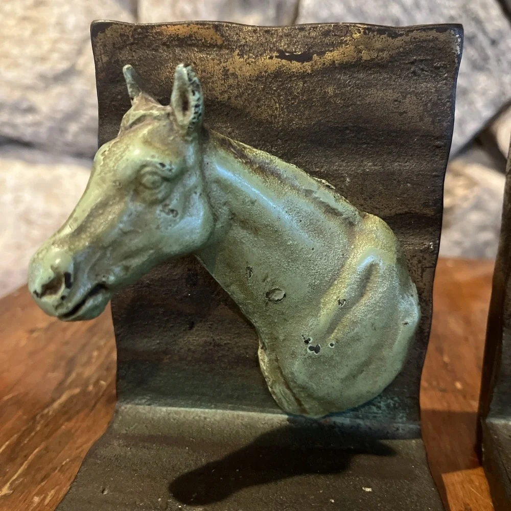 Antique Vtg Rare Horse Head Bookends, Heavy Metal, Nice Green Patina, 4x5x3